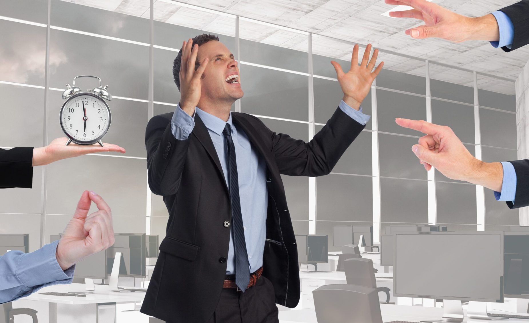 Conceptual image of businessman frustrated due to work load at office